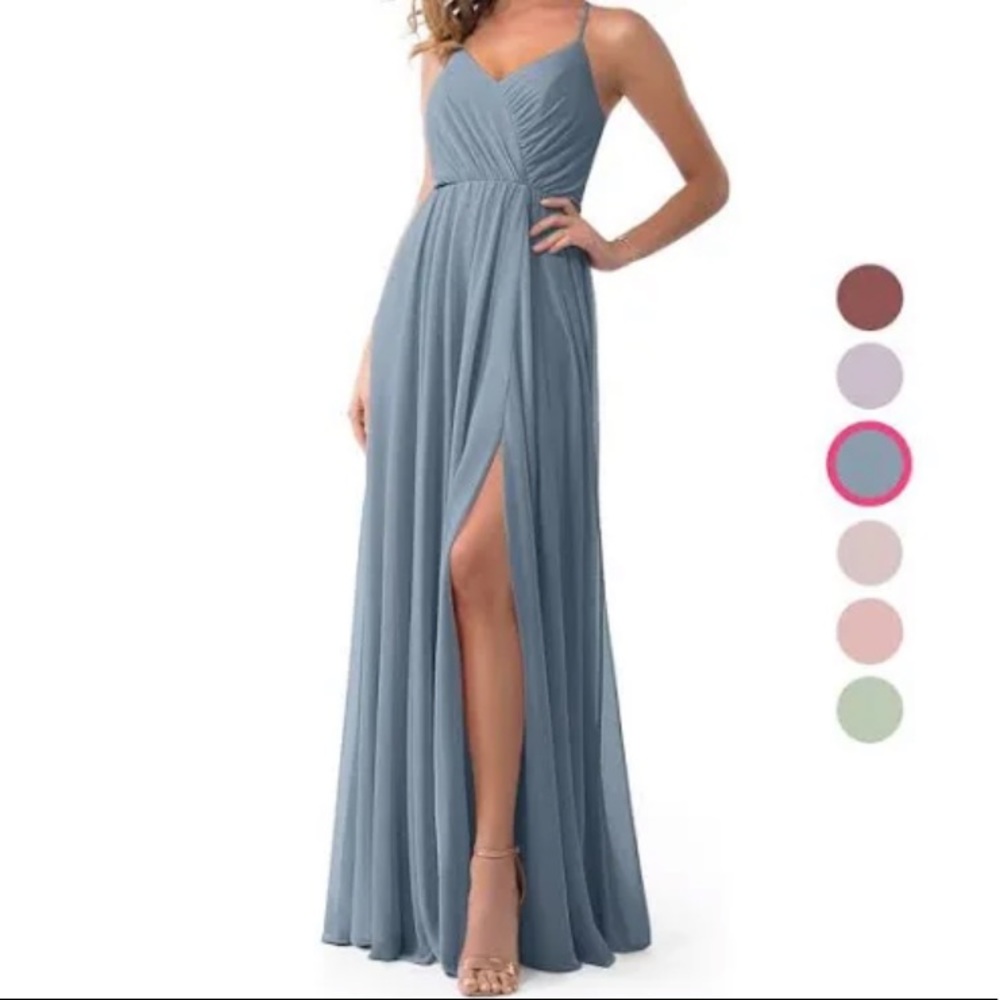 AZAZIE A-line princess cut floor length dusty blue dress.